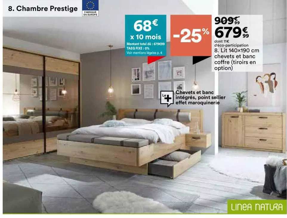 lit 140x190 cm chevets et banc coffre linea natura