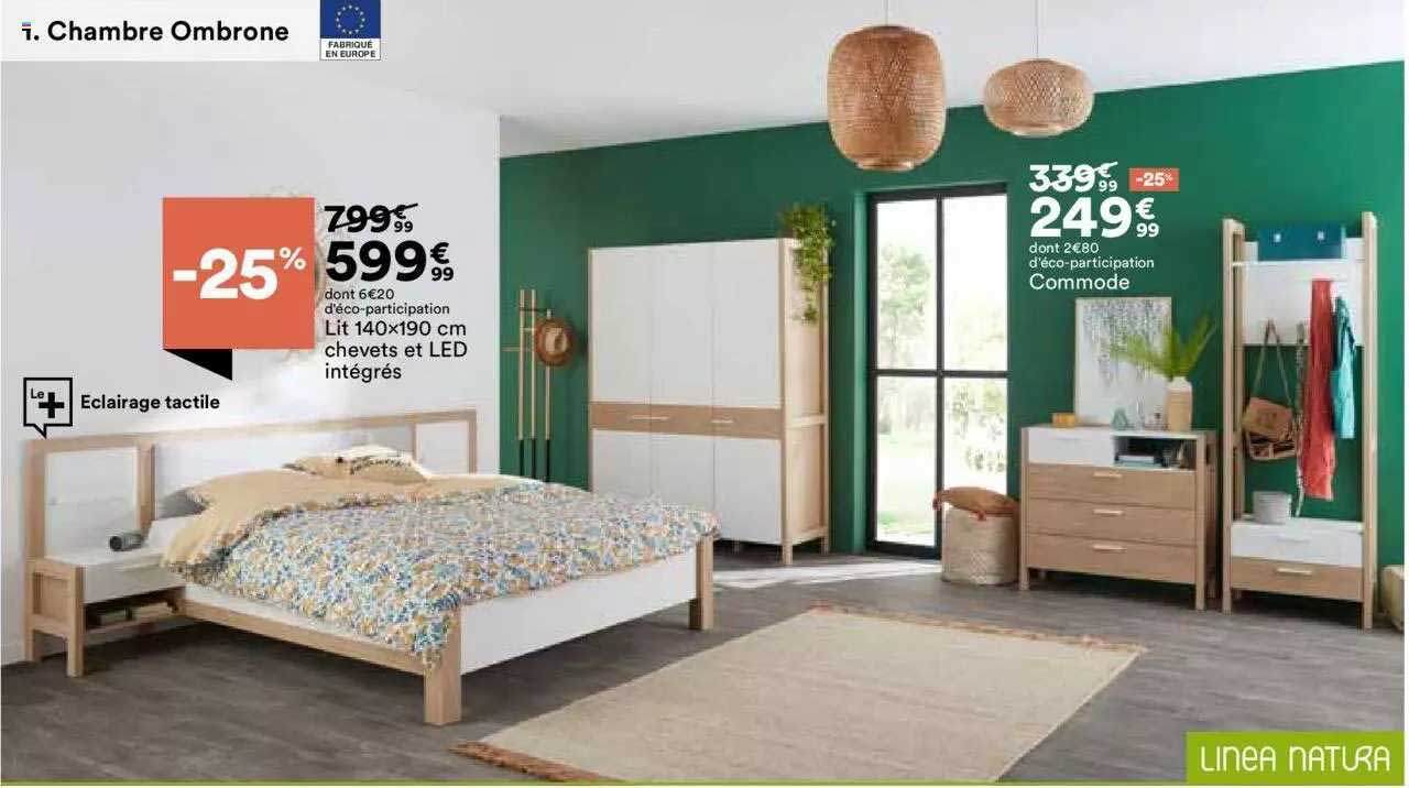 lit 140x190 cm chevets et led intégrés, commode linea natura