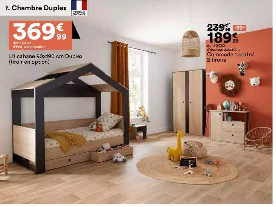 Lit Cabane 90x190 Cm Duplex, Commode 1 Porte-2 Tiroirs