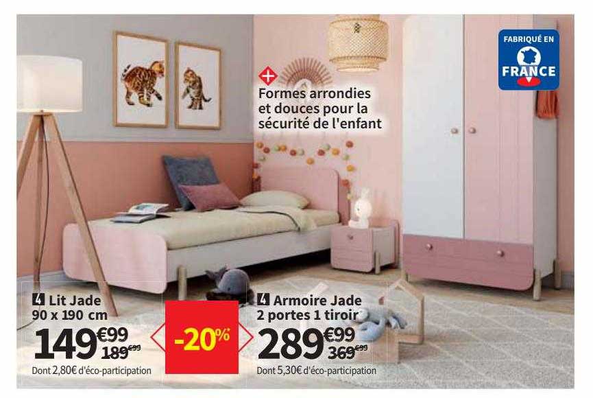 lit jade 90x190 cm, armoire jade 2 portes 1 tiroir