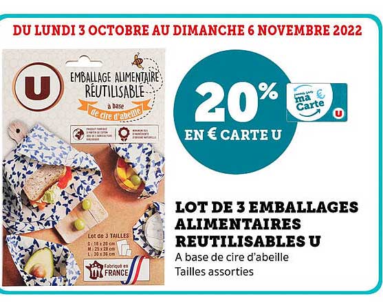 lot de 3 emballages alimentaires réutilisables u