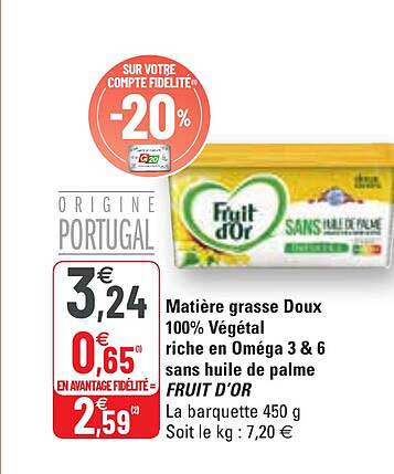 matière grasse doux 100% végétal riche en oméga 3 & 6 sans huile de palme fruit d'or