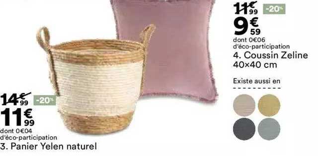 panier yelen naturel, coussin zeline 40x40 cm