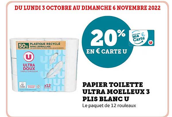 papier toilette ultra moelleux 3 plis blanc u