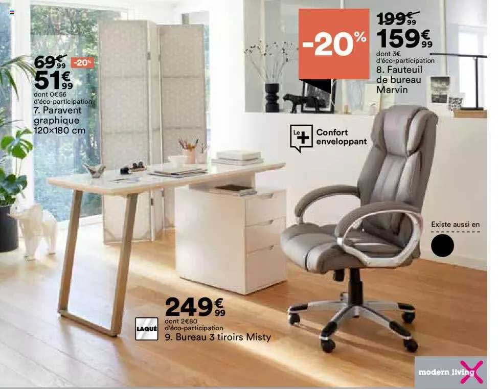 paravent graphique 120x180 cm, bureau 3 tiroirs misty, fauteuil de bureau marvin modern living