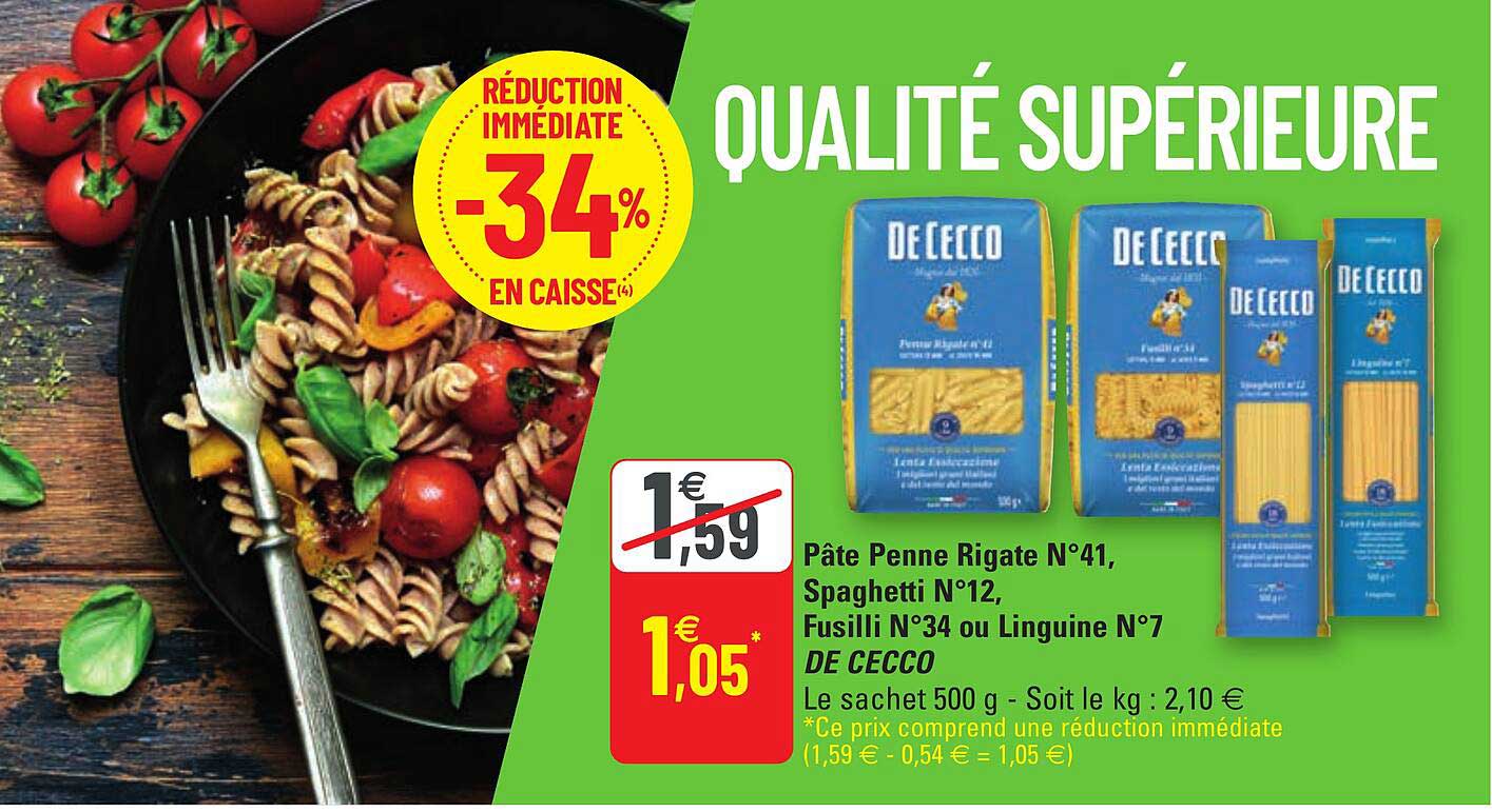 Pâte Penne Rigate N°41, Spaghetti N°12, Fusilli N°34 Ou Linguine N°7 De Cecco