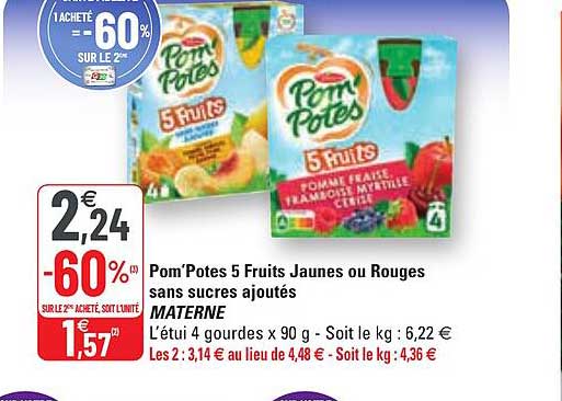 Pom'potes 5 Fruits Jaunes Ou Rouges Sans Sucres Ajoutés Materne