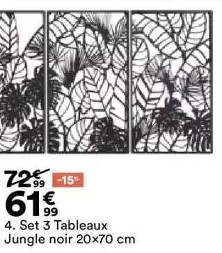 set 3 tableaux jungle noir 20x70 cm