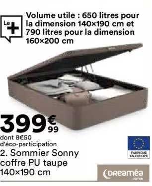 sommier sonny coffre pu taupe 140x190 cm dreaméa