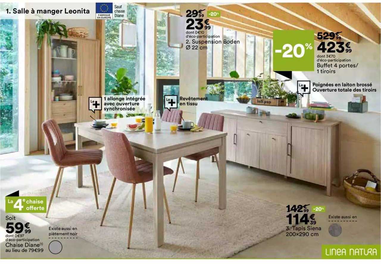 suspension boden ø 22 cm, chaise diane, tapis siena 200x290 cm, buffet 4 portes-1 tiroir linea natura