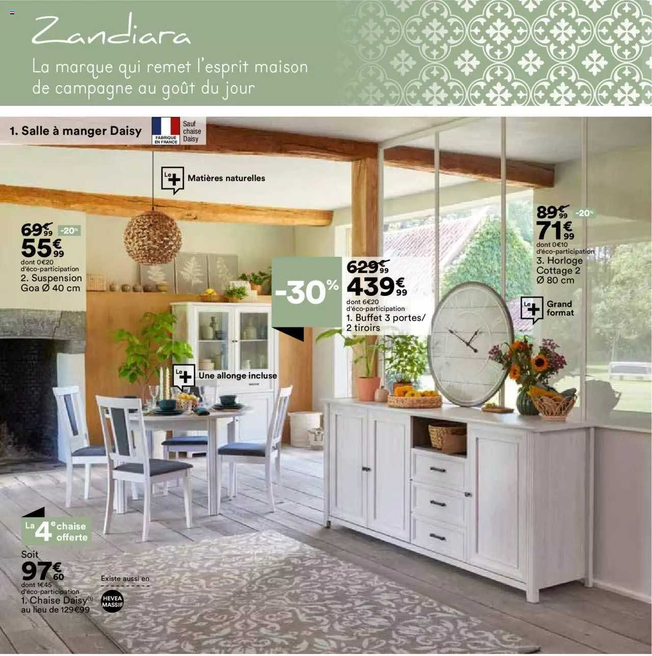 suspension goa ø 40 cm, buffet 3 portes-2 tiroirs, horloge cottage 2 ø 80 cm, chaise daisy zandiara