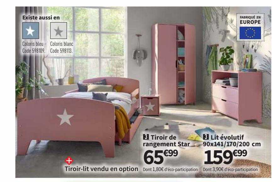 tiroir de rangement star, lit évolutif 90x141-170-200 cm