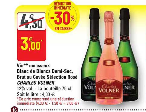 vin mousseux blanc de blancs demi-sec, brut ou cuvée sélection rosé charles volner
