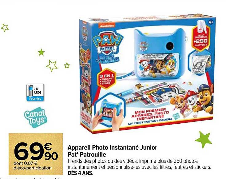 appareil photo instantané junior pat' patrouille canal toys