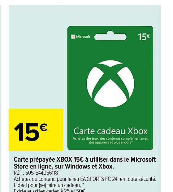 carte prépayée xbox 15€ à utiliser dans le microsoft store en ligne, sur windows et xbox