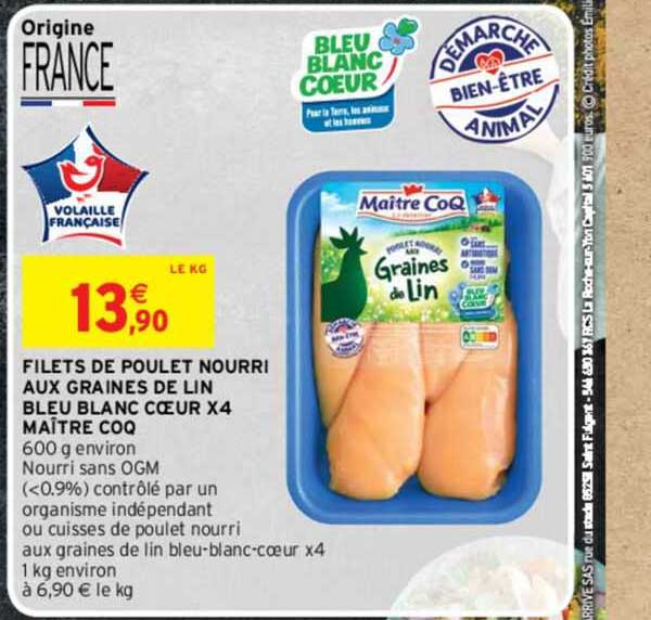 filets de poulet nourri aux graines de lin bleu blanc cœur x4 maître coq