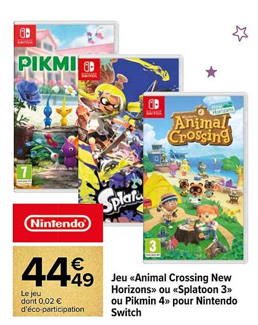 jeu «animal crossing new horizons» ou «splatoon 3» ou pikmin4 pour nintendo switch