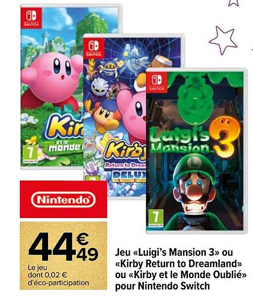 jeu «luigi's mansion 3» ou «kirby return to dreamland» ou «kirby et le monde oublié» pour nintendo switch
