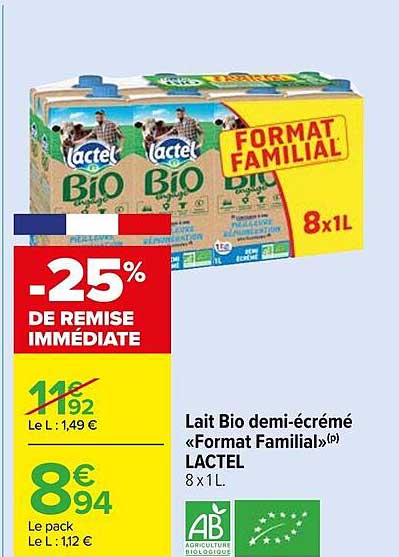 lait bio demi-écrémé format familial lactel