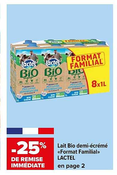 lait bio demi-écrémé format familial lactel