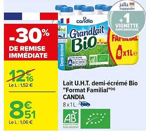 lait u.h.t. demi-écrémé bio "format familial" candia