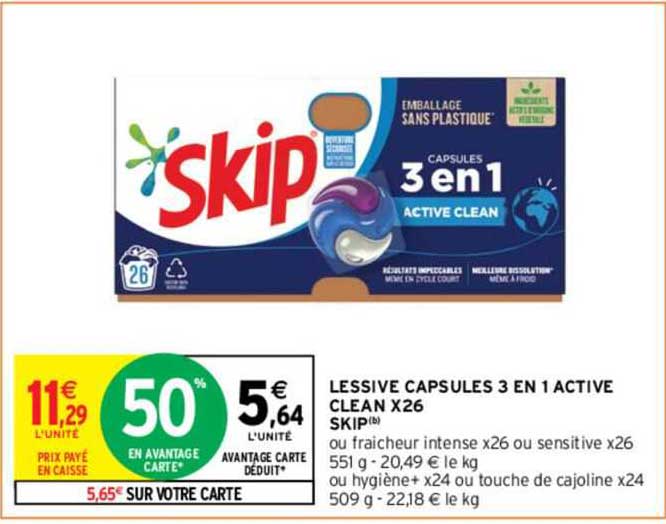 Lessive Capsules 3en1 Active Clean X26 Skip