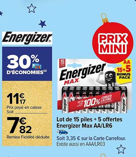 lot de 15 piles + 5 offertes energizer max aa/lr6