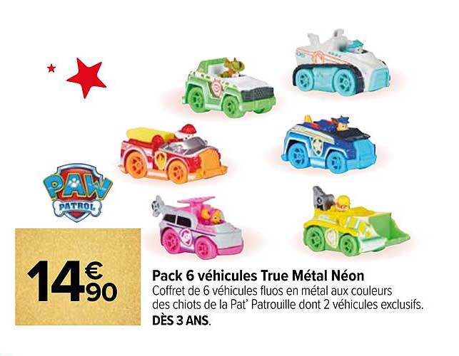 pack 6 véhicules true métal néon paw patrol