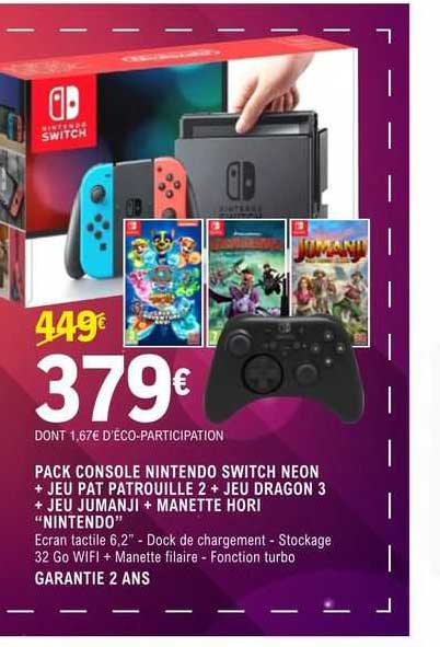pack console nintendo switch neon + jeu pat patrouille 2 + jeu dragon 3 + jeu jumanji+ manette hori "nintendo"