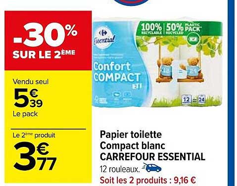 Papier Toilette Compact Blanc Carrefour Essential