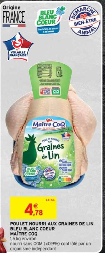 poulet nourri aux graines de lin bleu blanc coeur maître coq