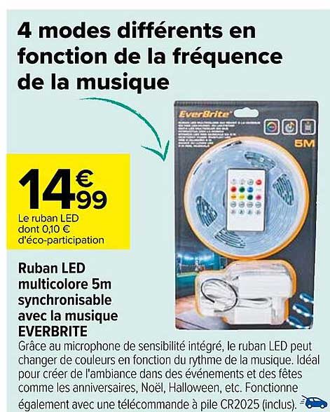 ruban led multicolore 5 m synchronisable avec la musique everbrite