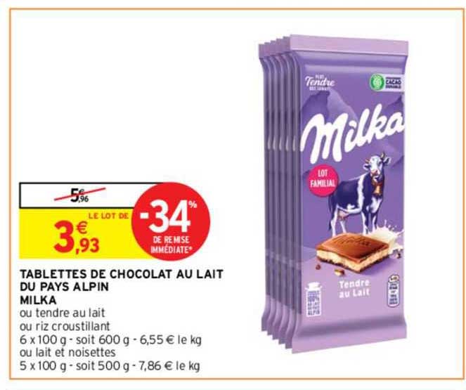 Tablettes De Chocolat Au Lait Du Pays Alpin Milka