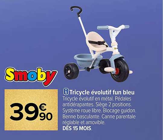 tricycle évolutif fun bleu smoby