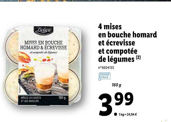 4 mises en bouche homard et écrevisse et compotée de légumes deluxe