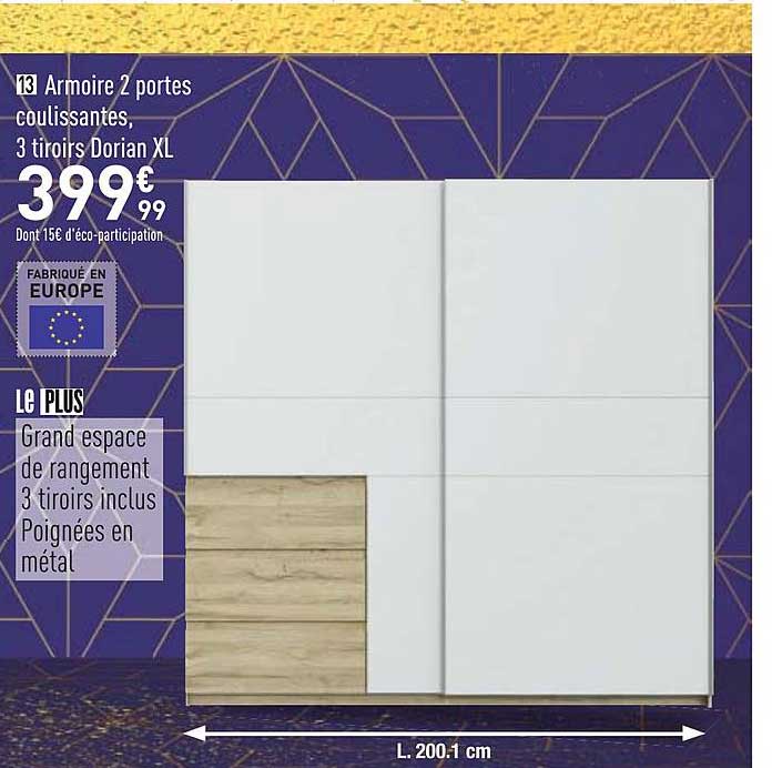 Armoire 2 Portes Coulissantes 3 Tiroirs Dorian Xl