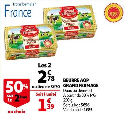 beurre aop grand fermage 50% sur le 2ème au choix