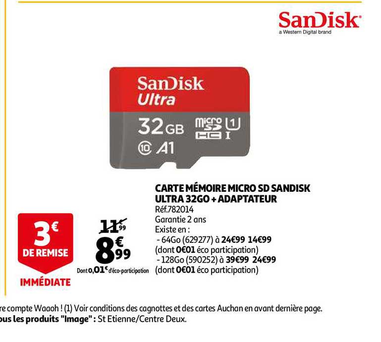 carte mémoire micro sd sandisk ultra 32go + adaptateur