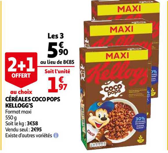 céréales coco pops kellogg's 2+1 offert