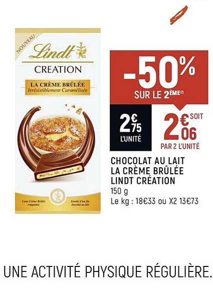 chocolat au lait la crème brûlée lindt création 50% sur le 2ème