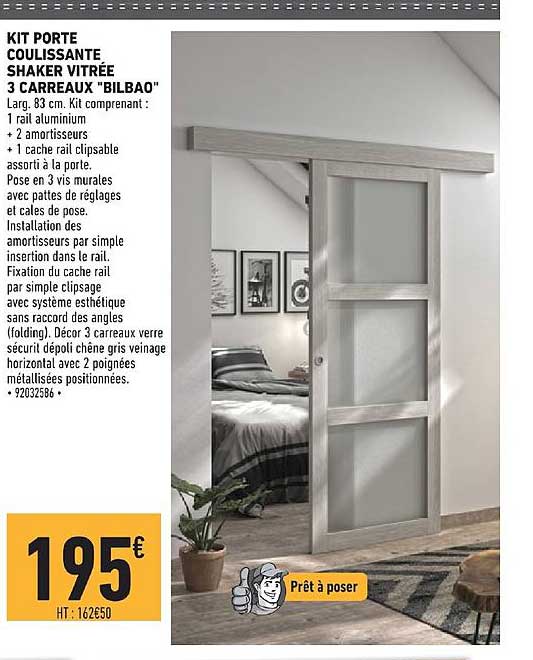 kit porte coulissante shaker vitrée 3 carreaux bilbao