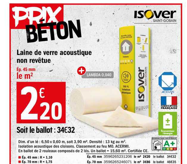 laine de verre acoustique non revêtue isover