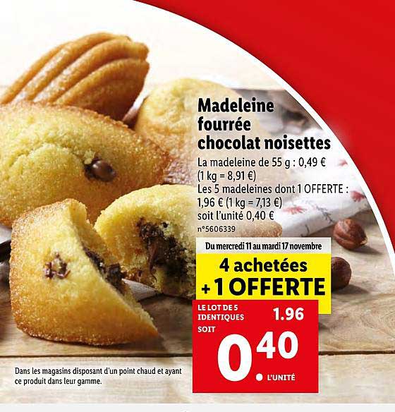madeleine fourrée chocolat noisettes 4 achetées +1 offerte