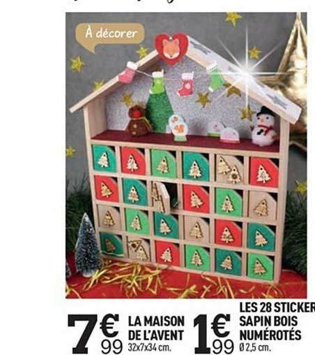 maison de l'avent 28 stickers sapin bois numérotés