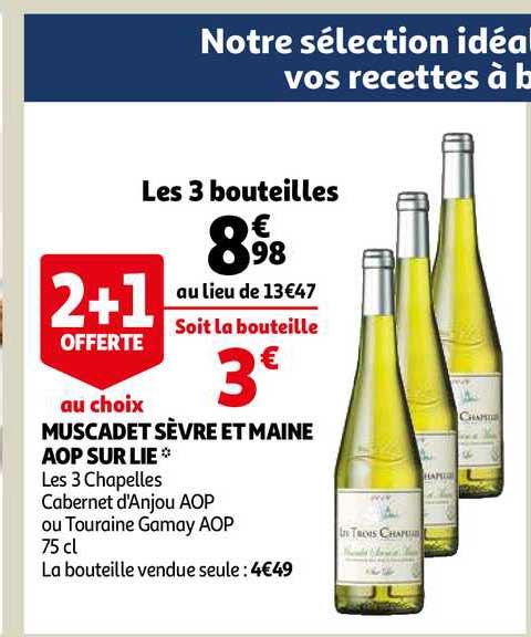 muscadet sèvre et maine aop sur lie les 3 chapelles  2+1 offerte au choix