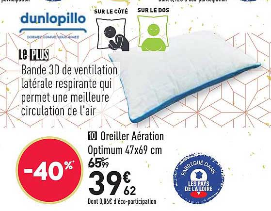 Oreiller Aération Optimum 47x69 Cm Dunlopillo