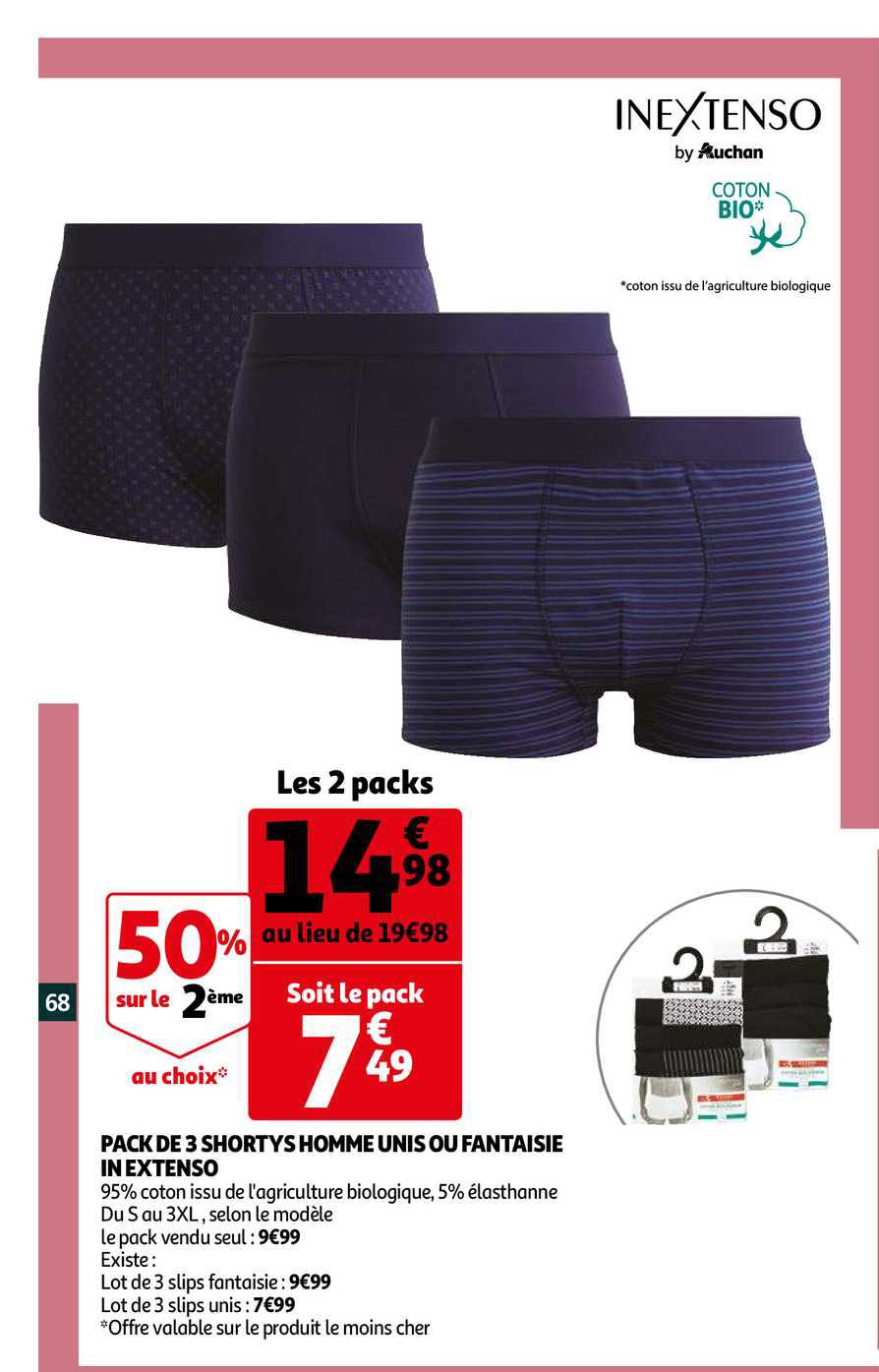 pack de 3 shorty homme unis ou fantaisie in extenso 50% sur le 2ème au choix