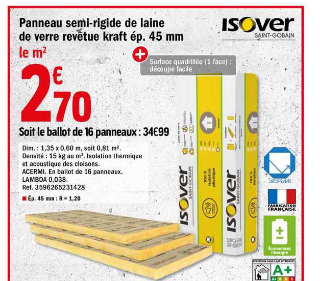 panneau semi rigide de laine de verre revêtue kraft ép. 45 mm isover