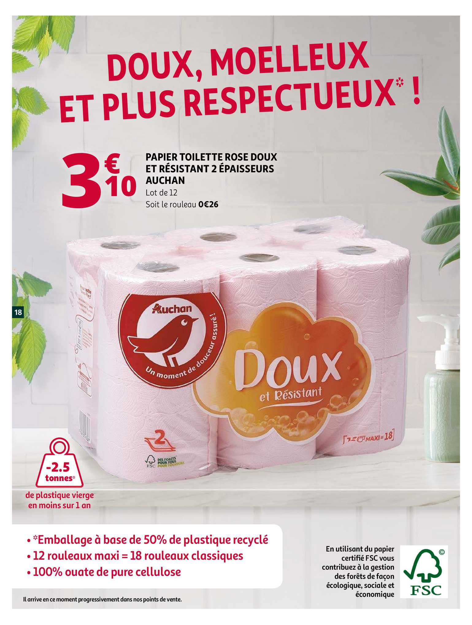 papier toilette rose doux et résistant 2 épaisseurs auchan