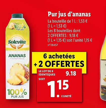 pur jus d'ananas 6 achetées + 2 offertes